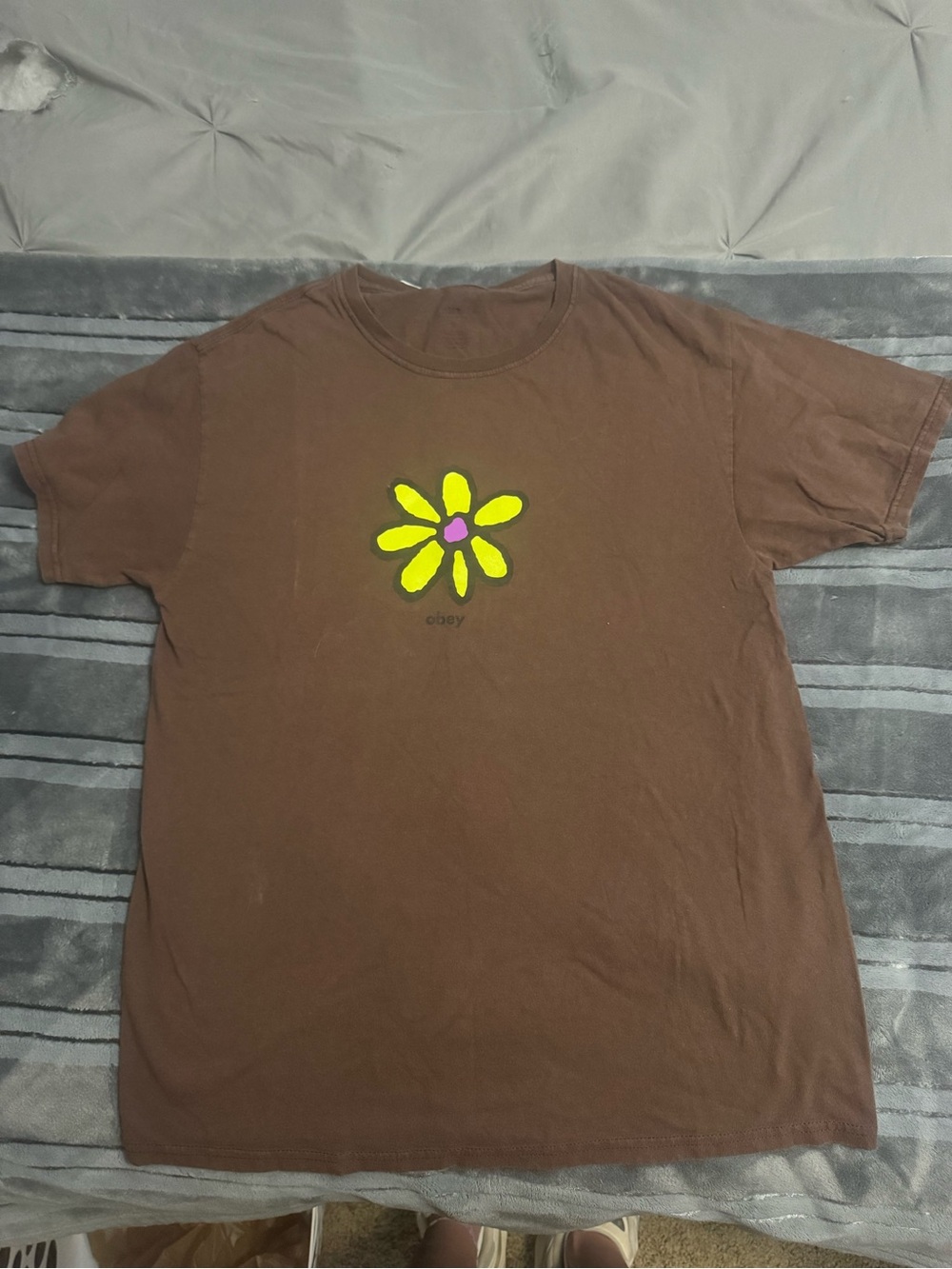 OBEY Brown Women’s T-Shirt with Yellow & Pink Flower Graphic